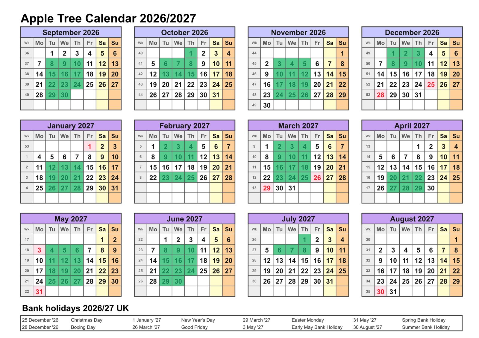 Apple Tree Calendar 2026-2027